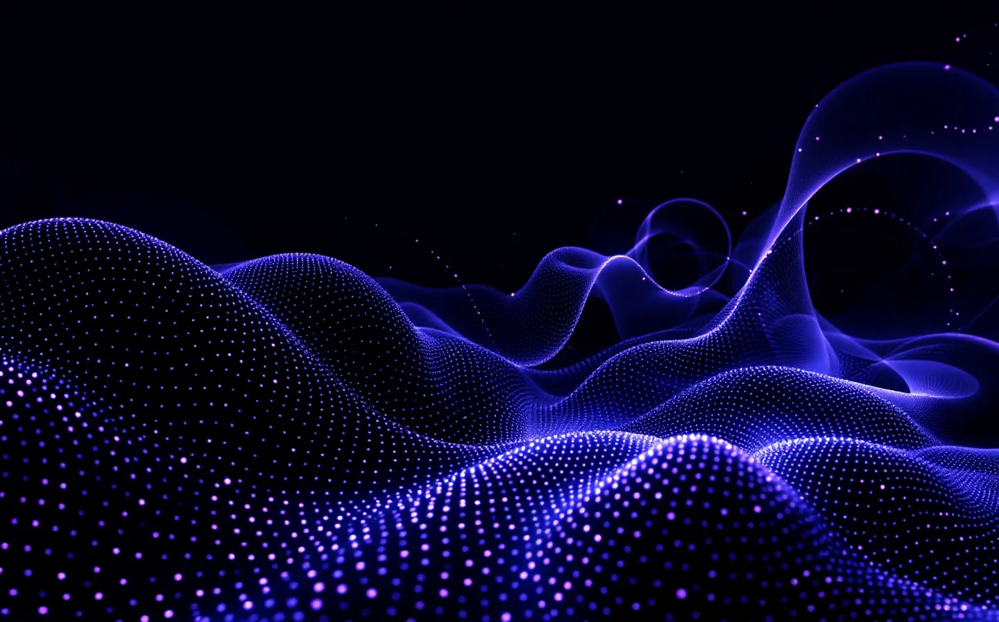 Abstract cobalt-violet renal-filtration channel geometry with a slate membrane lattice and a peptide-chain node line, fanning toward concentric clearance rings on a black ground